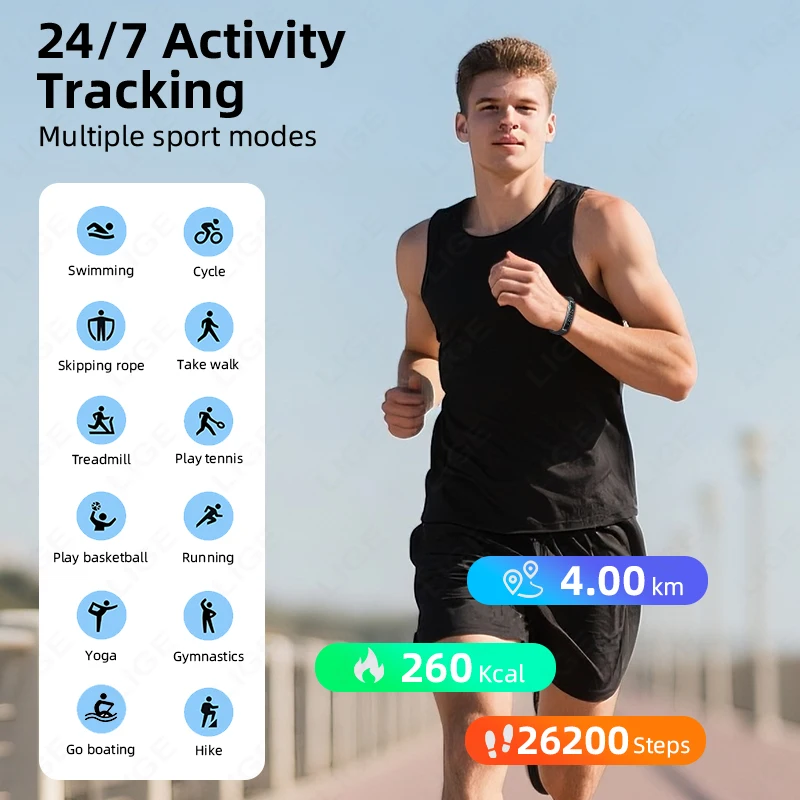 LIGE 2025 Sports Waterproof Smart Bracelet Gesture Control Heart Rate Blood Oxygen Sleep Monitor Pedometer Screen Men Smartwatch