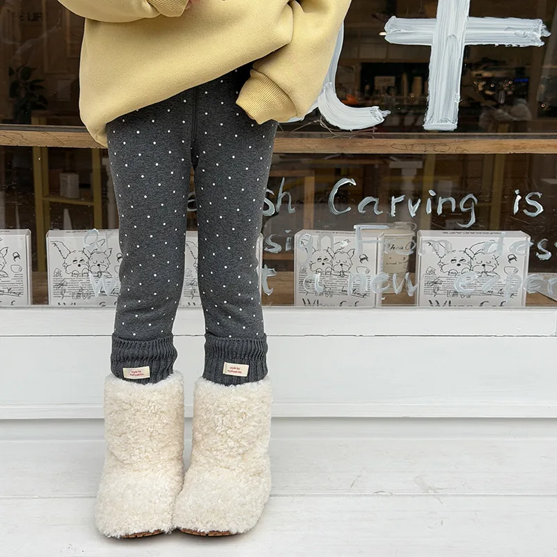 2025 Winter New Fashion Girls Korean Style Small Polka Dot Slim Pants Plus Velvet Polka Dot Leggings Boutique Clothing Simple