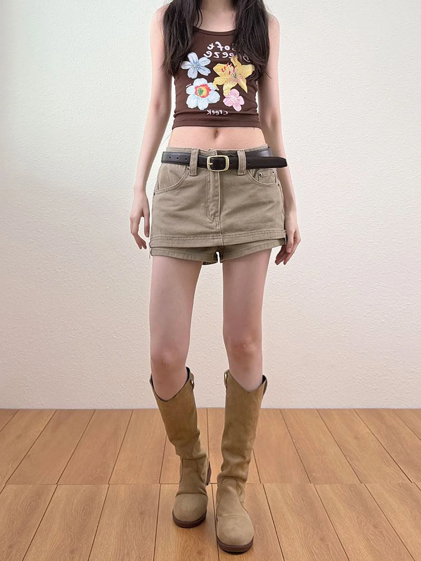 American Retro Khaki Denim Short Skirt Women's Low Waist Workwear Design Sensation Anti-Light Semi-Body Skirt