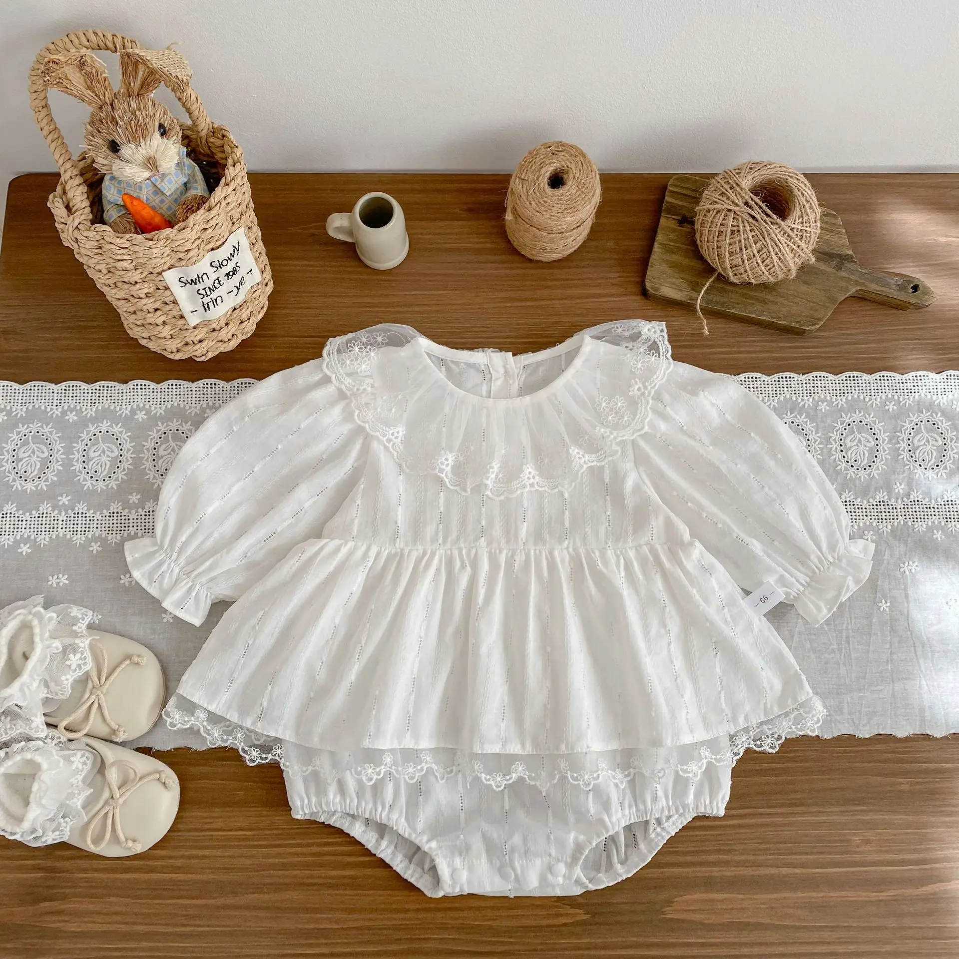 2026 Spring New Baby Girl Long Sleeve Princess Bodysuit Solid Girls Cute Sweet Lace Collar Jumpsuit Cotton Infant Clothes 0-24M