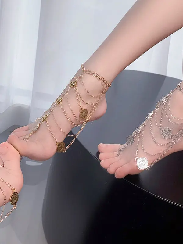 

Women's Metal Chain Foot Bracelet Multi-Layer Tassel Ankle Chain Ethnic Sle Courtip Faion Jewelry Gift with Box