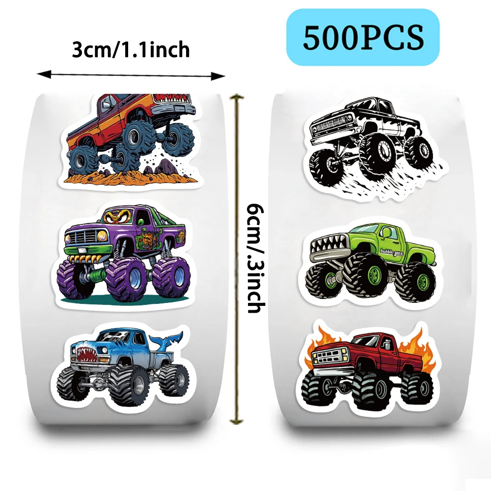 500PCS Monster Truck Stickers Roll 10 Styles Cute Cartoon Car Decals Kindergarten Teacher Reward Stickers For Kids Water Bottle