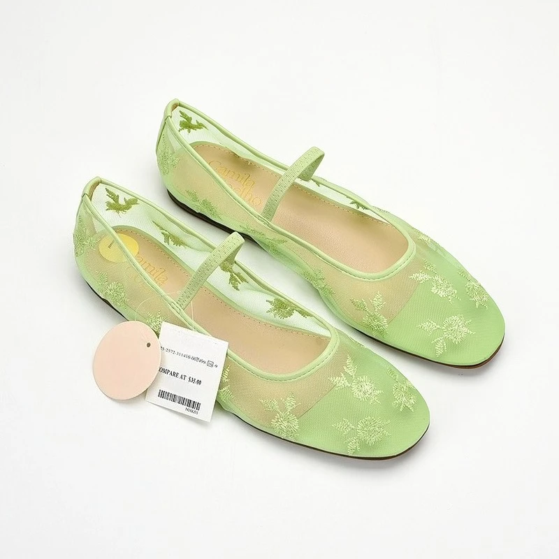 Green Embroidered Mesh Ballet Flats for Women Square Toe Elastic Band Slip on Mary Janes Shoes Ladies Casual Soft Summer Loafers