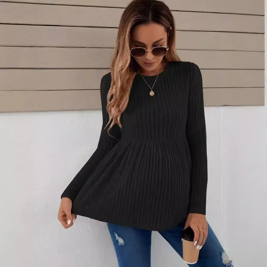 Autumn American Casual Knitted Shirts for Maternity Long Sleeve A Line Loose Clothes for Pregnant Women Pregnancy Tops