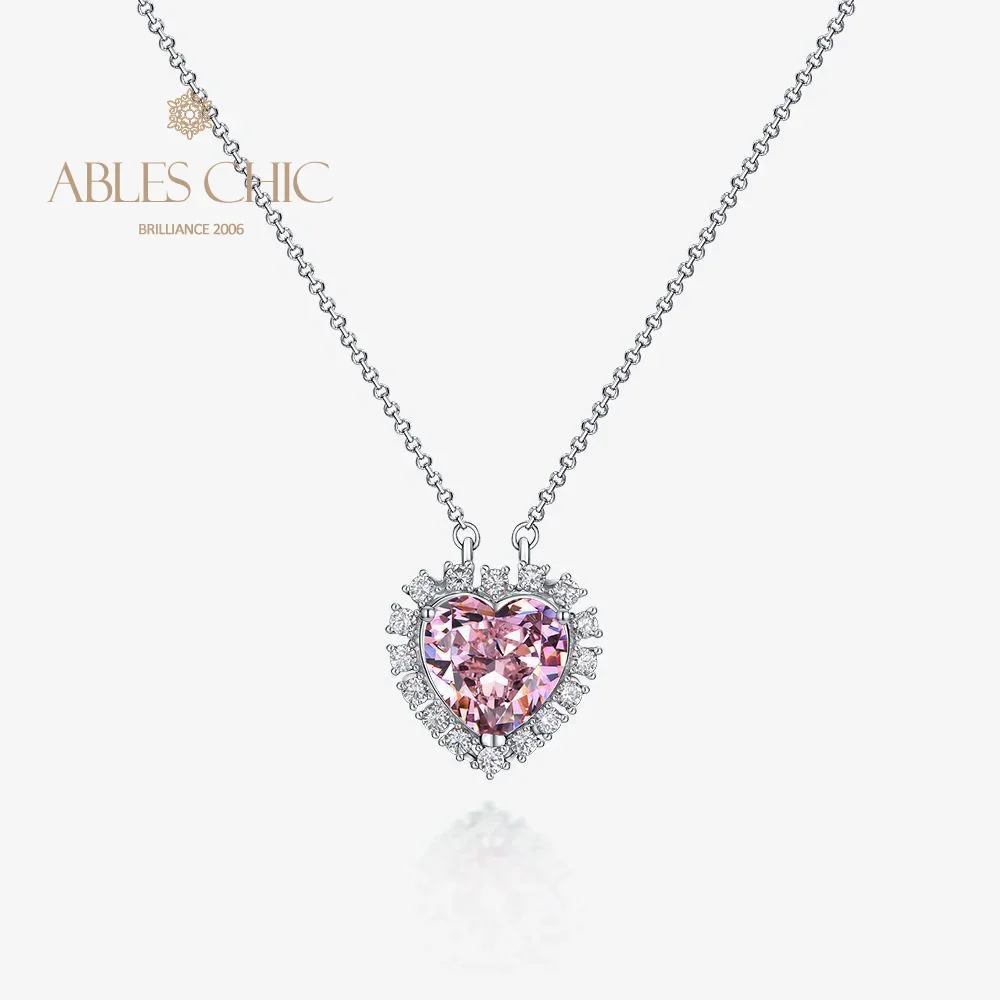 

Solid 925 Silver Love Heart Simulated Morganite Halo Pendant Dazzling 5A Zircon Promise Pink Gemstone Necklace S2R1S2B0440