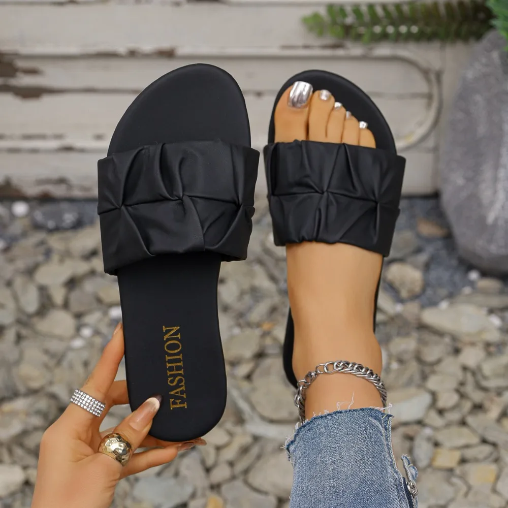 

Летние женские шлепанцы на плоской подошве, новинка 2026, плиссированные корейские тапочки, женские сандалии, зеленые туфли без шнуровки, большой размер 35-43