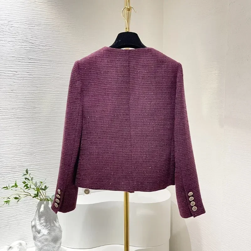 Women's Bugundy Sequined Round Neck Fashion Elegant Arrivals High Quality Long Sleeve Tweed Jacket New Female 2024