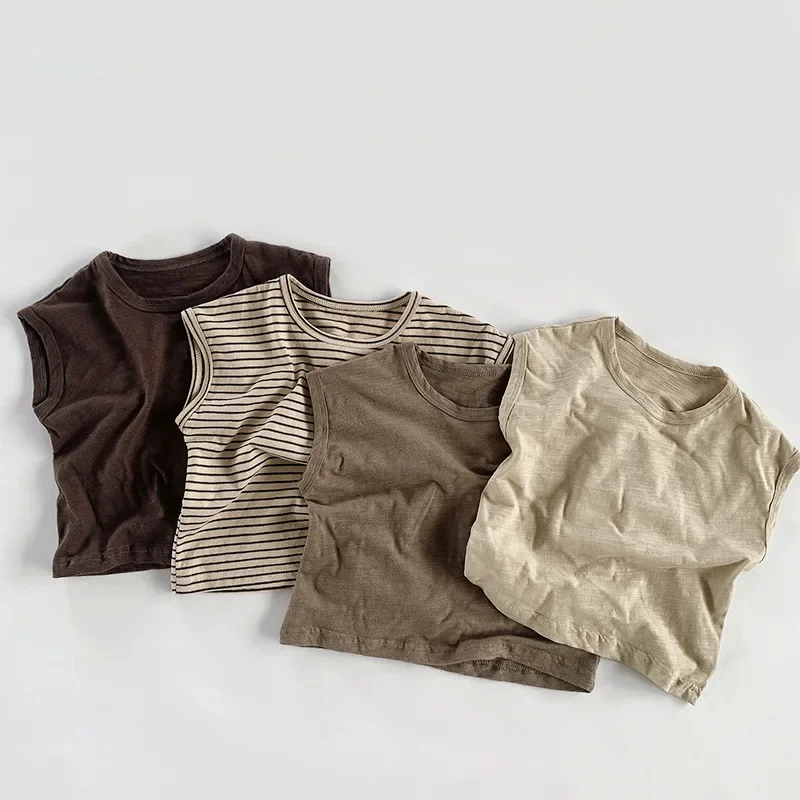 

Летние детские хлопковые футболки Slub, корейская мода, детские полосатые футболки без рукавов для маленьких мальчиков, повседневные топы на бретелях 4, 5, 6, 7 лет