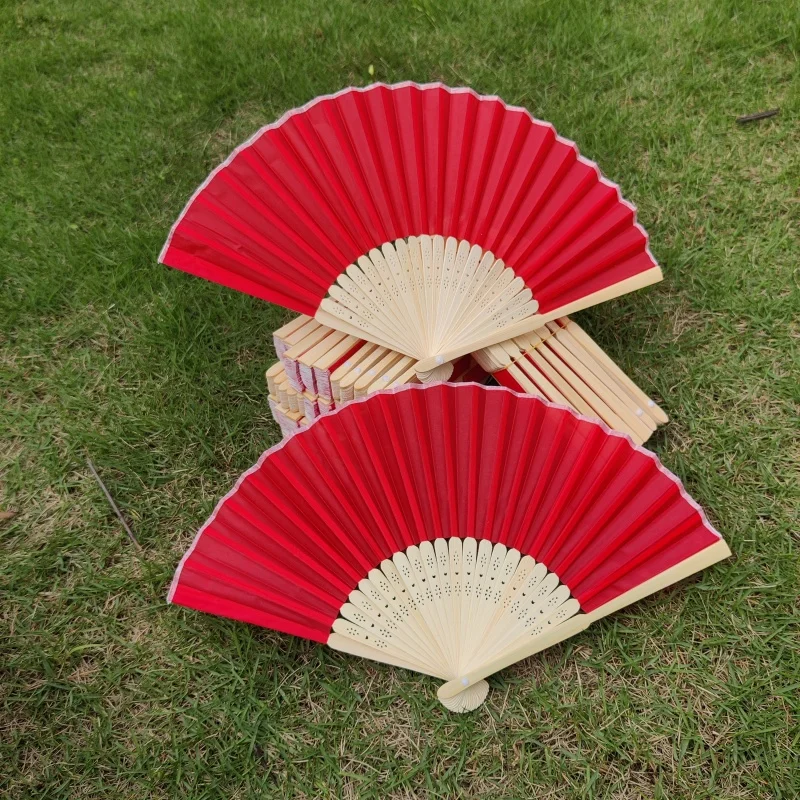 21cm red fabric bamboo hand fan 50 pieces/bag folding rave fan for wedding gift