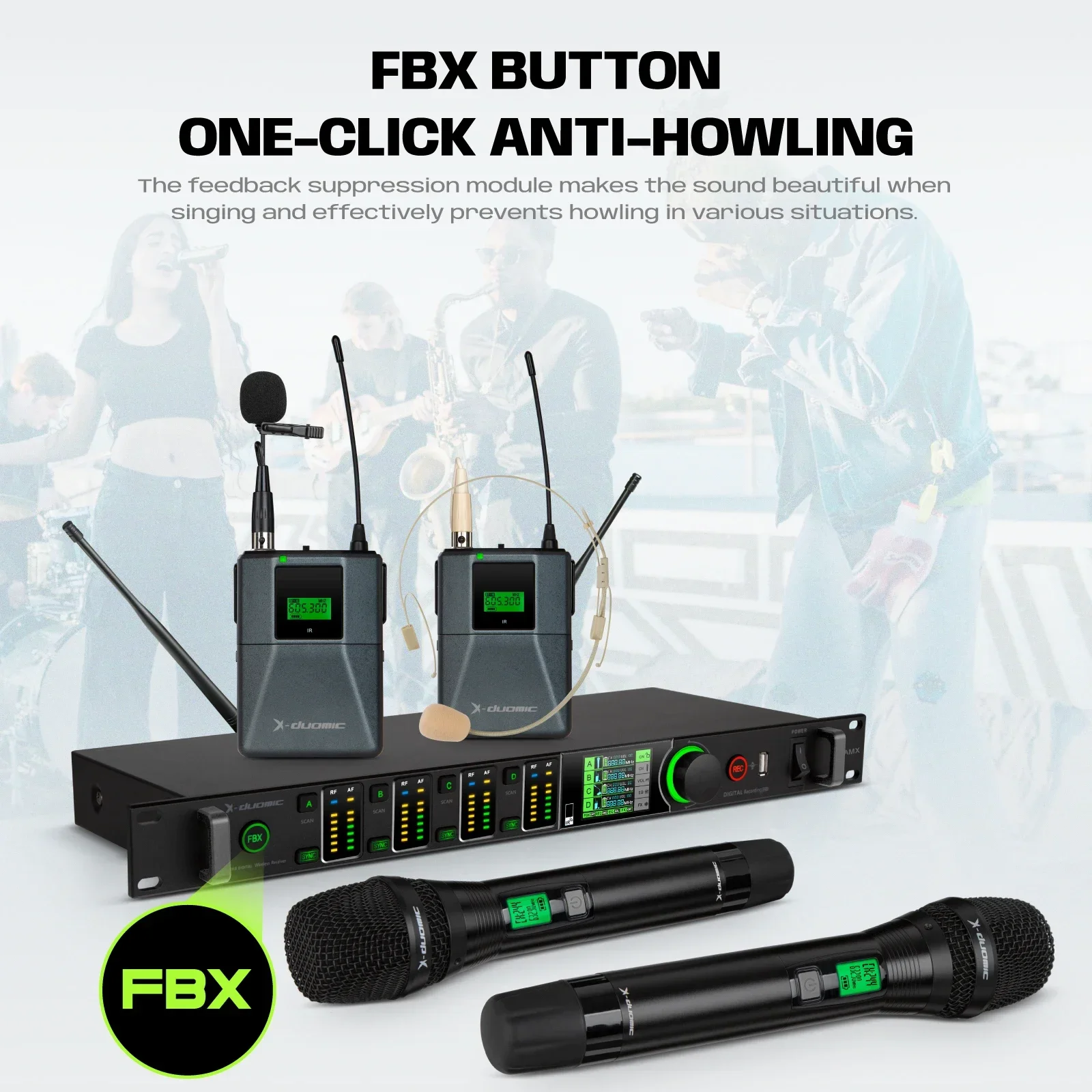 True Diversity Wireless Microphone System Digital Recording AntiHowling Ten Types of Reverb Balanced True Diversity Wireless Mic