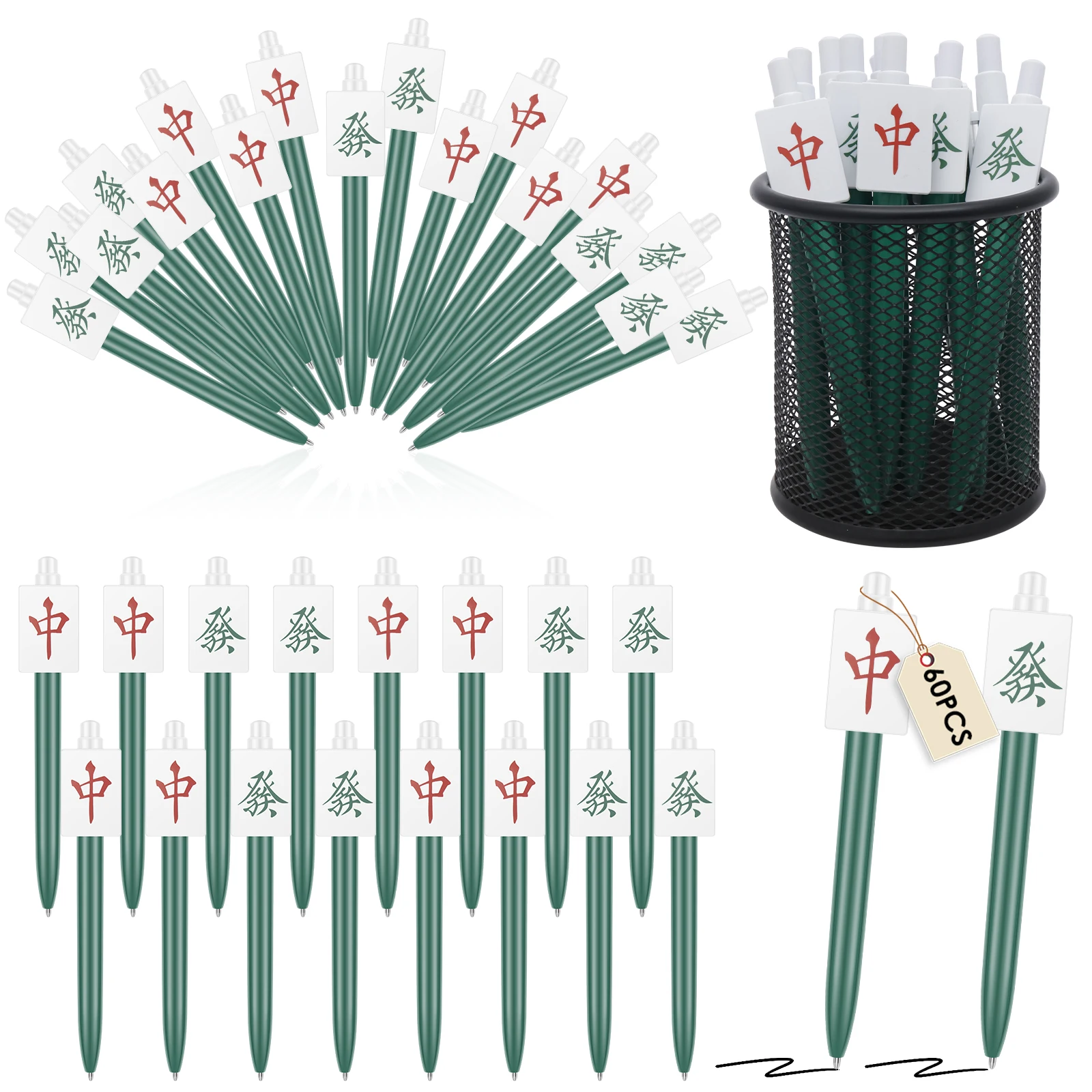 

60Pcs Mahjong Ballpoint Pen Chinese Funny Present Retractable Ballpoint Pen for Mahjong Lover Men and Women for Office Home