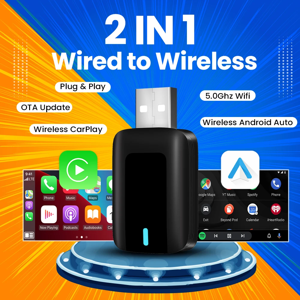 Wireless CarPlay Adapter Wireless Android Auto Adapter 2 in 1 for Mazda MG Audi Skoda Jeep Kia Ford Opel Renault Seat Hhyundai