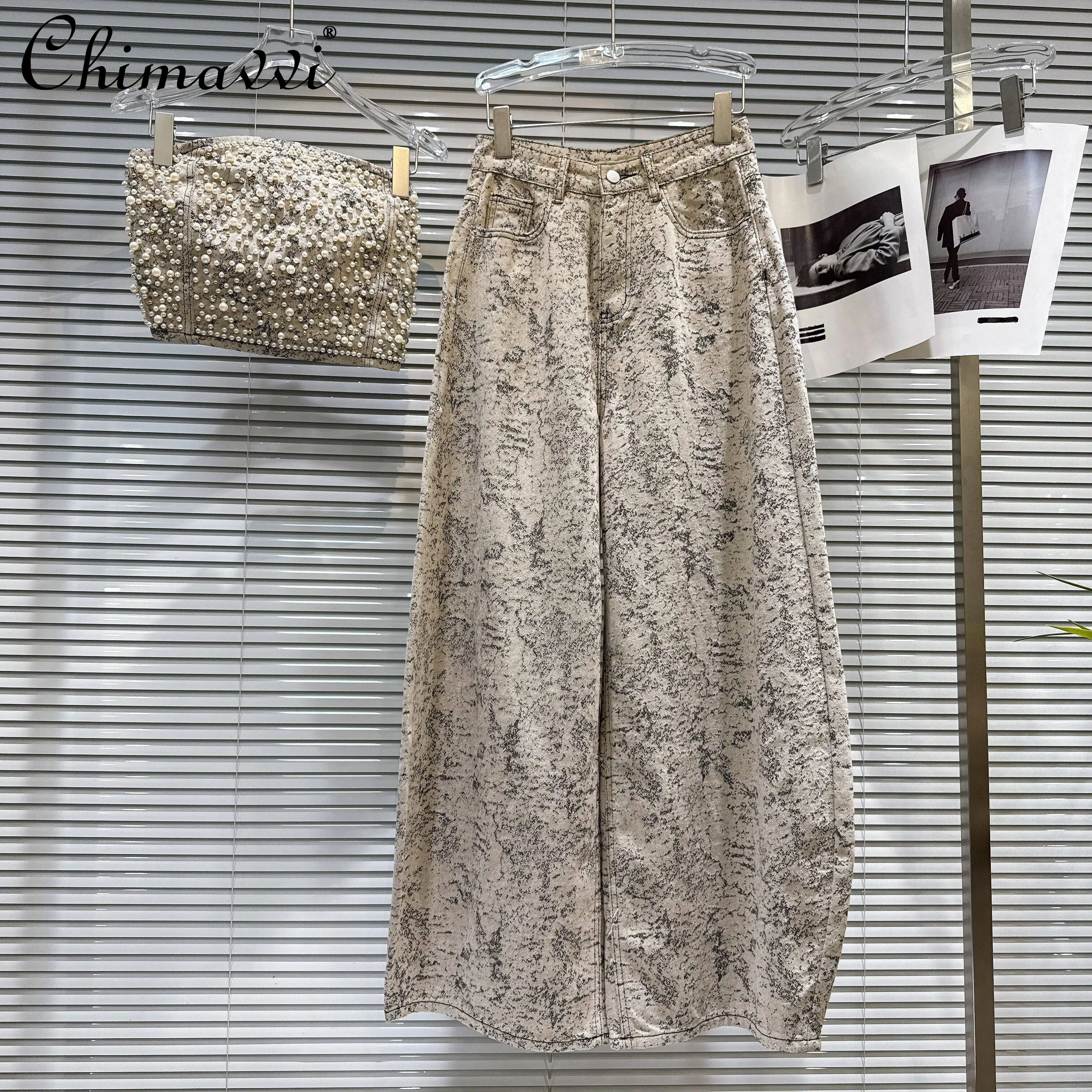 

2026 Spring Korean Style Fashion Streetwear Pearl Beaded Strapless Crop Top High Waist Loose Wide Leg Jeans Two-piece Set Women