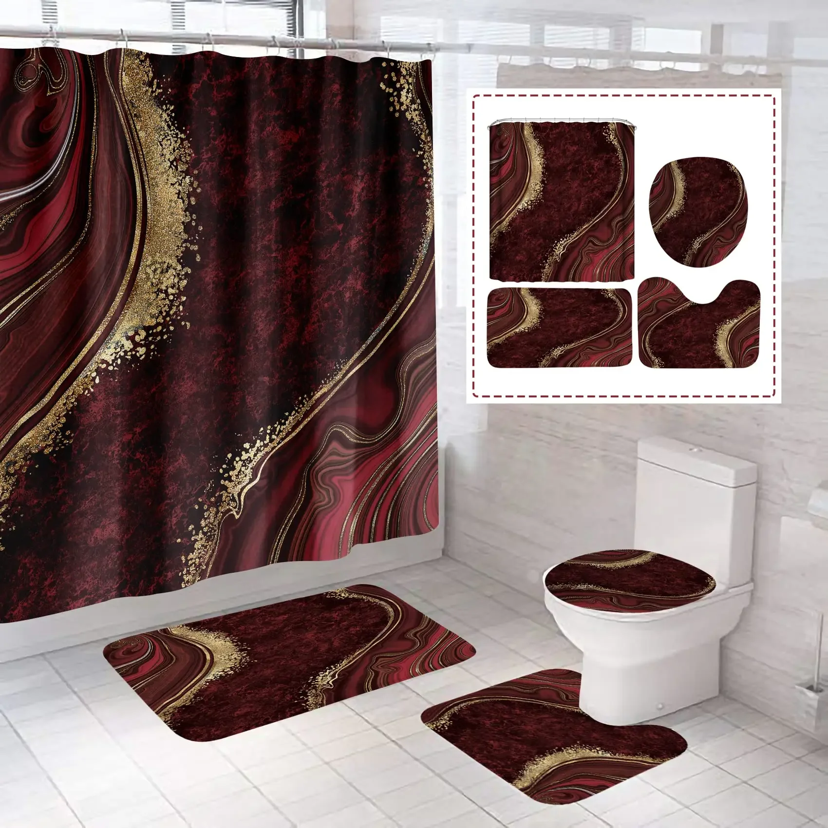 Flash Pink Marble Shower Curtains Shiny Decor for Bathroom Polyester Fabric Decorative Bath Screen Toilet Cover Carpet WC Sets