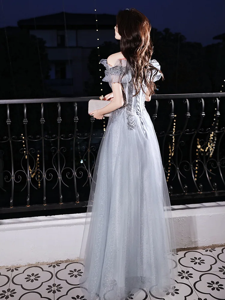 N1160 الفتيات النساء فساتين السهرة الطويلة الملابس الحلو الذاكرة مثير قبالة الكتف فستان رمادي الذاكرة الحلوة فستان رسمي أنيق