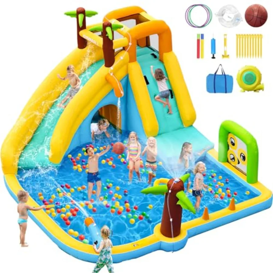 Inflatable Water Slide Bounce House with 450 W Blower, Blow up 10-in-1 Waterslide Park Bouncy Castle Outdoor and Indoor, Bounce