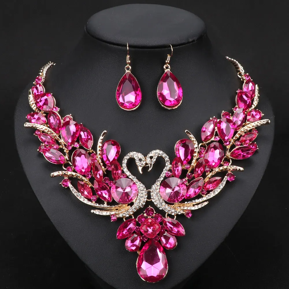 Crystal Bridal Jewelry Sets Gold Color Swan Pendant Necklace Women Gift Party Wedding Prom Necklace Earring Accessories