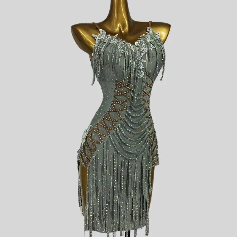 

Латинское танцевальное платье для соревнований, женское, с блестящими бахромами, стандартное, для латиноамериканских танцев, для взрослых, на заказ, для чачи, румбы, самбы