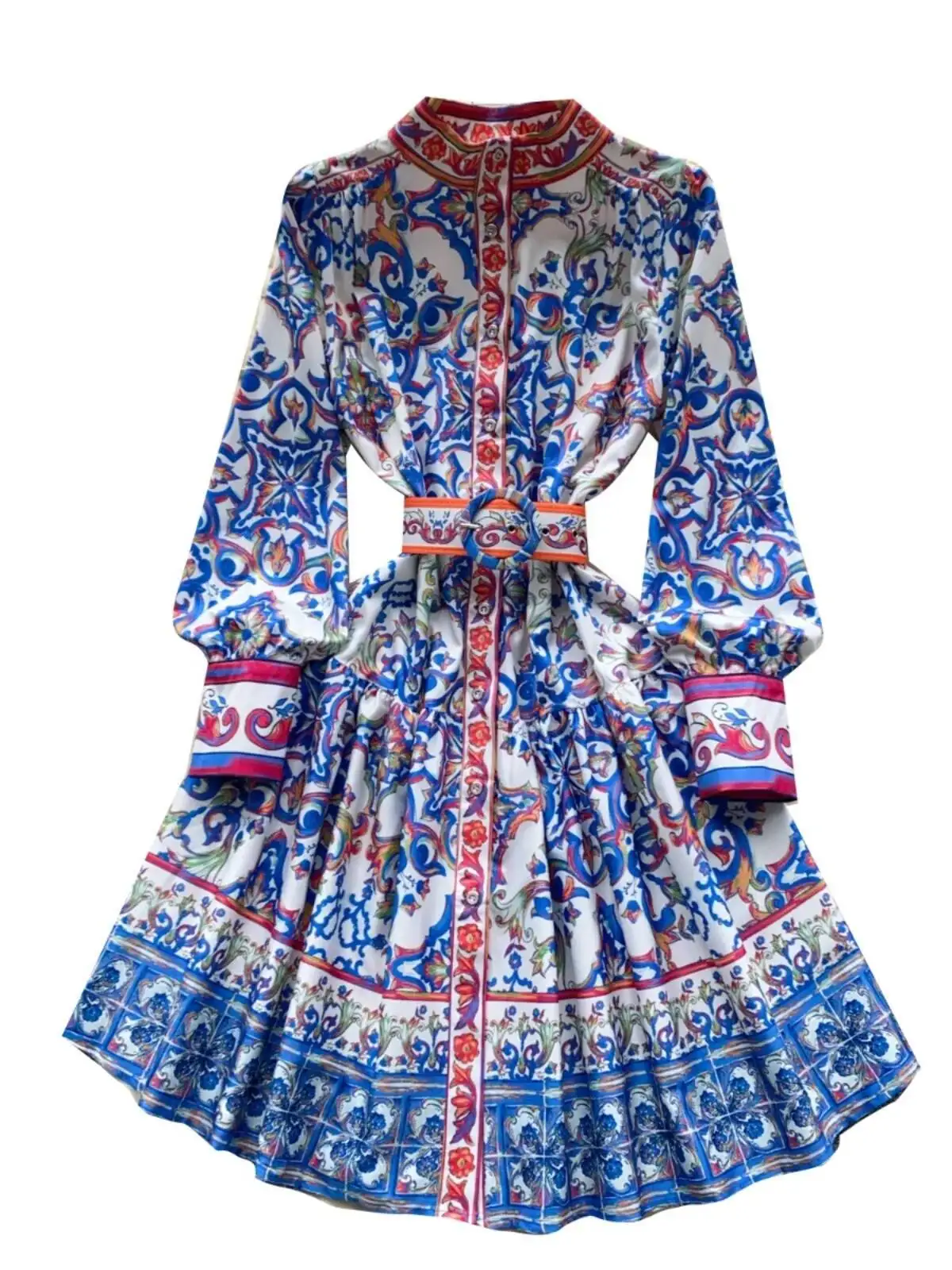 Summer Autumn Long Sleeve Floral Print Short Dress Shirt Women Single Breasted Belt Mini Party Vestidos Office Lady