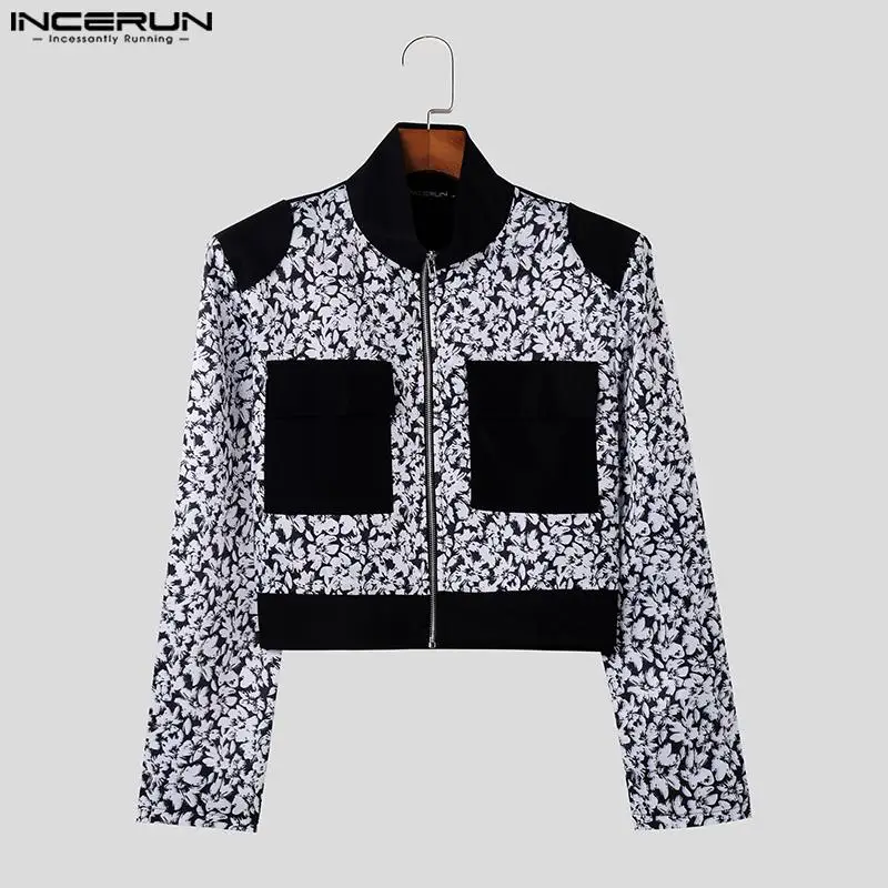 INCERUN Men Jackets Print Patchwork Stand Collar Long Sleeve Casual Crop Coats Men Streetwear Zipper 2024 Autumn Fashion Jackets