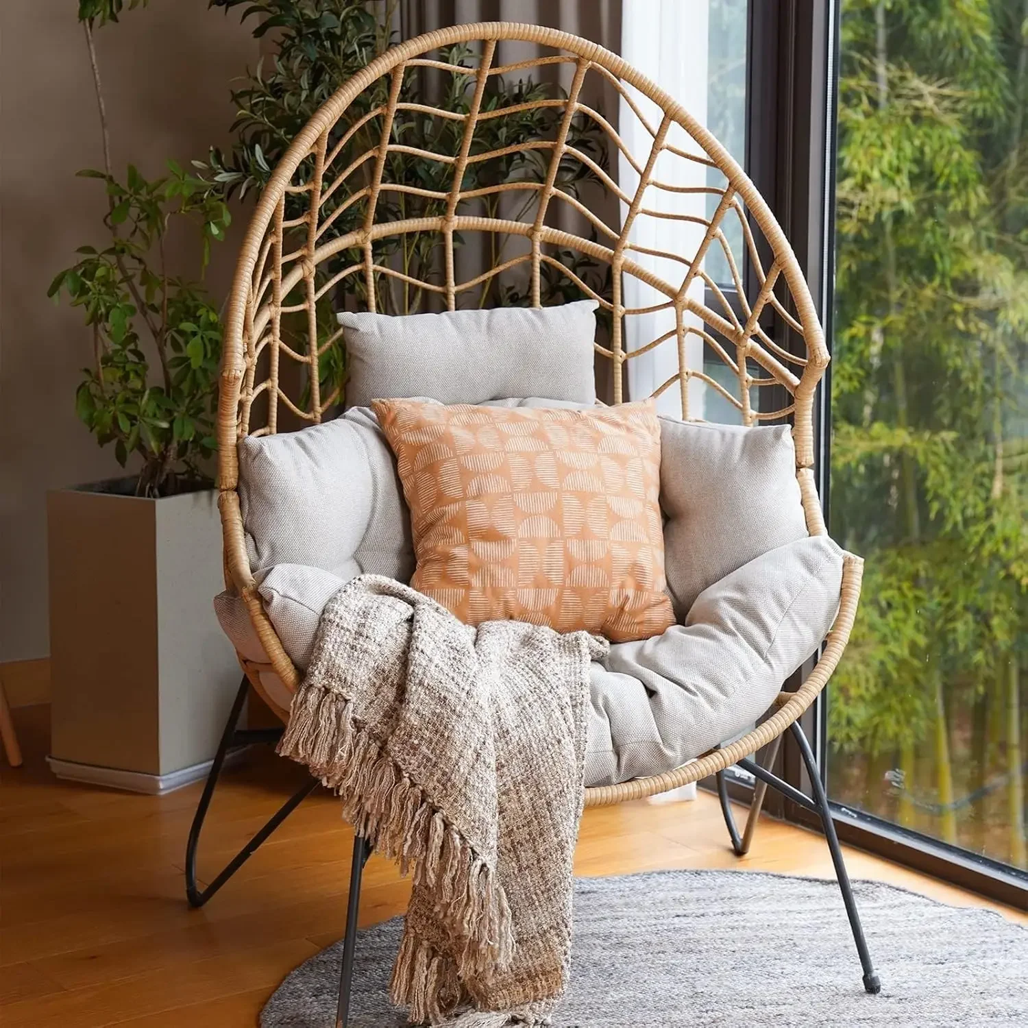 Grand patio Boho Stationary Wicker Egg Chair, Outdoor Wicker Nordic Oversized Egg Chairs with Cushion Backyard Back Porch, Tan