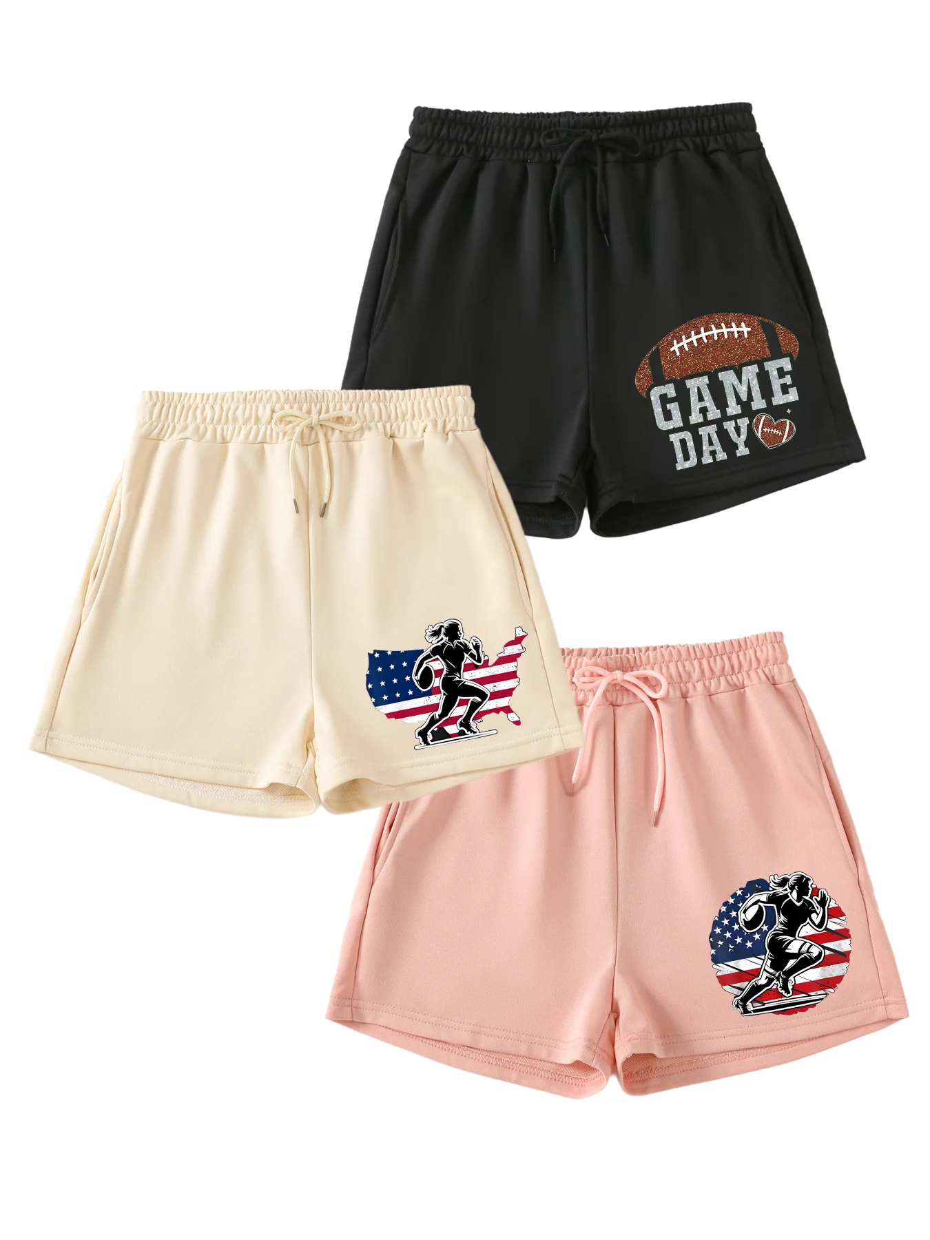 

Set of 3 standard women's casual sports print shorts with pocket rope casual sports jogging bottoms