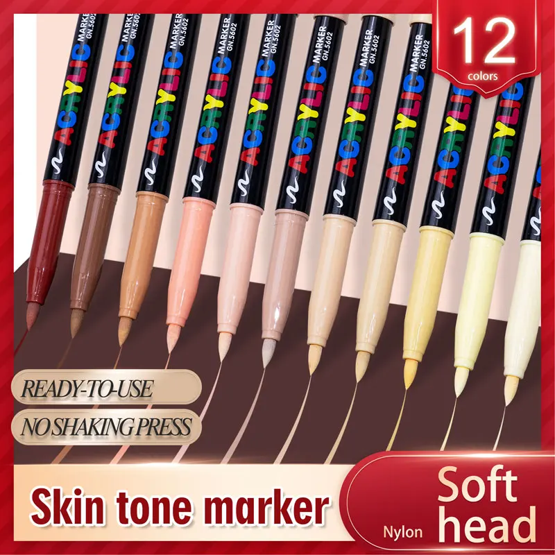 Imagem -03 - Skin Tone Markers Canetas Nylon Soft Head Marcadores Acrílicos Caneta Impermeável Soft Brush Nib Cor Figura Escola de Pintura 12 Cores