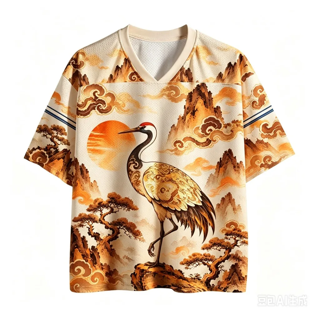 Swan Lake Water and Cloud Pattern 3D Print Men Sport V-neck T-shirt Outdoor Street Casual Fashion Quick-dry Breatha Parent-child