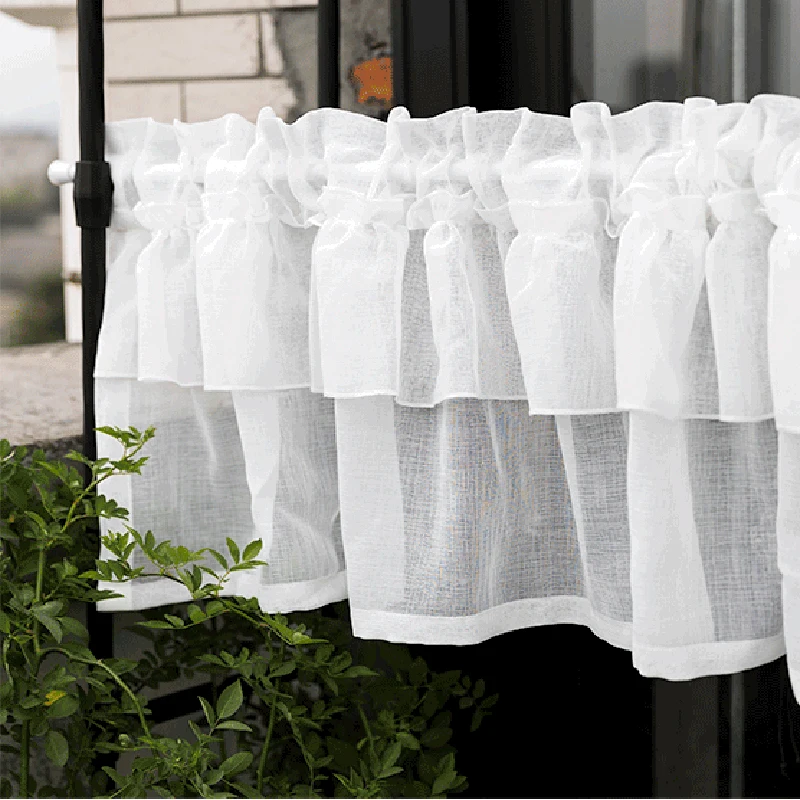 1Panel White Tier Double Pleated Half Curtains,with Faux Linen Look Semi Sheer Drapes ,Short Window Curtains for Kitchen Decor