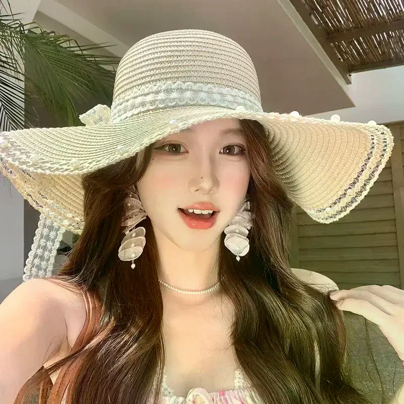 Women's Seaside Bow Beach Hat Oversize Straw Hat Women's Summer Sun Block Big Brim Hat Suitable For Sun Protection