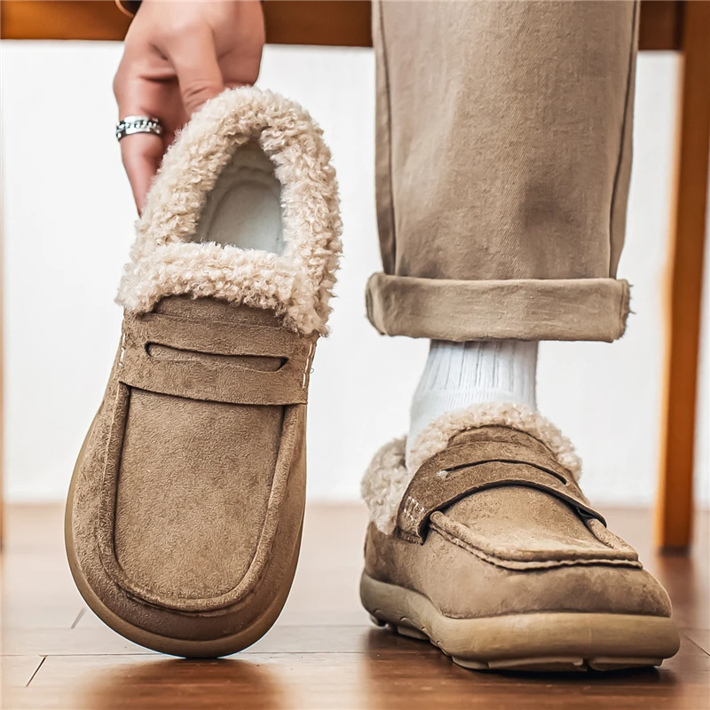 في الهواء الطلق حذاء رجالي مع الفراء الشتاء أفخم الدافئة حذاء كاجوال أحذية قيادة مريحة الانزلاق على منخفضة أعلى أحذية الثلوج الشقق الأخفاف