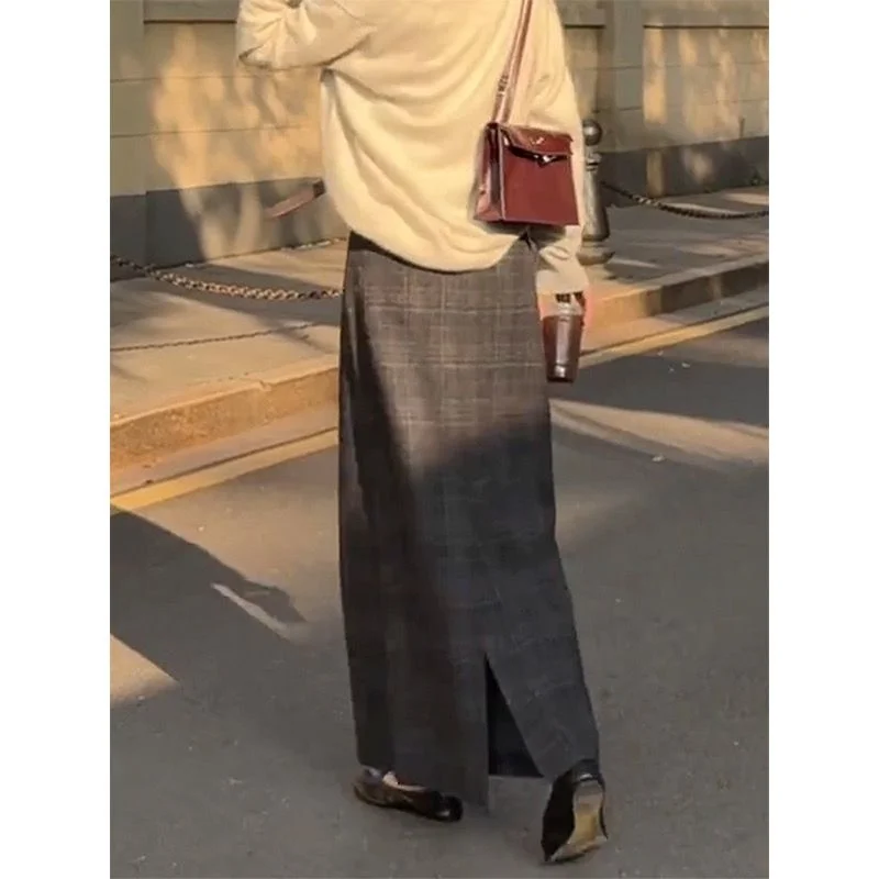 New Fashion Plaid Straight Skirt Women Autumn Winter Woolen Split High Waist Office Lady Midi Skirts Elegant Jupe