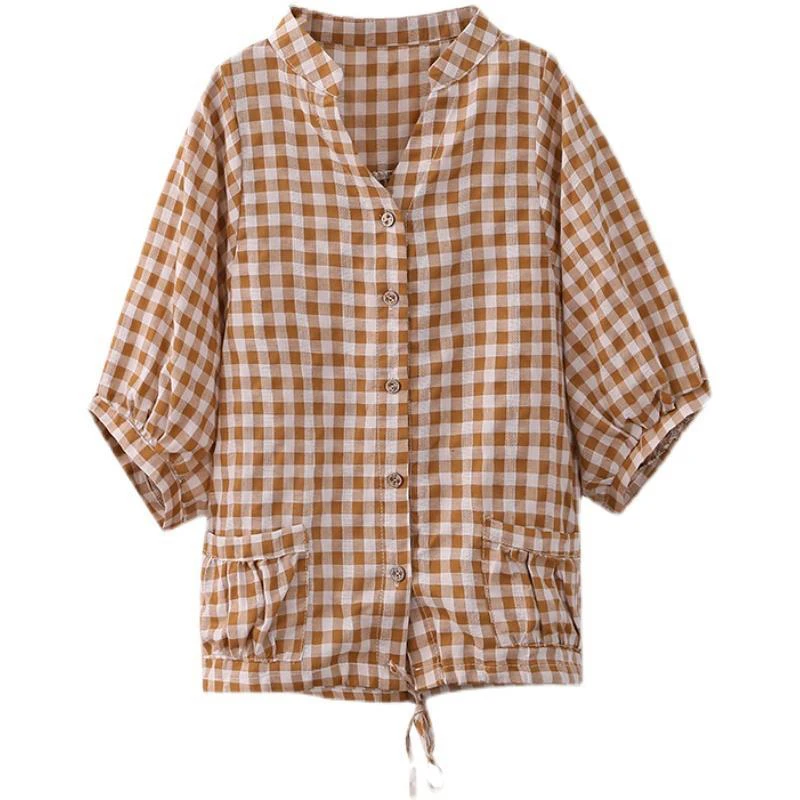 Fashion V-Neck Loose Spliced Pockets Bandage Plaid Shirt Women's Clothing 2025 Summer New Casual Tops All-match Commute Blouse