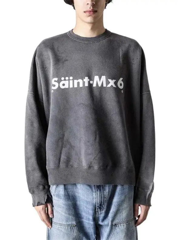 سترة سانت ميشيل بياقة مستديرة، تصميم عتيق بغسيل ثقيل مع طباعة حروف، ملابس فضفاضة عصرية للجنسين بأكمام طويلة #2