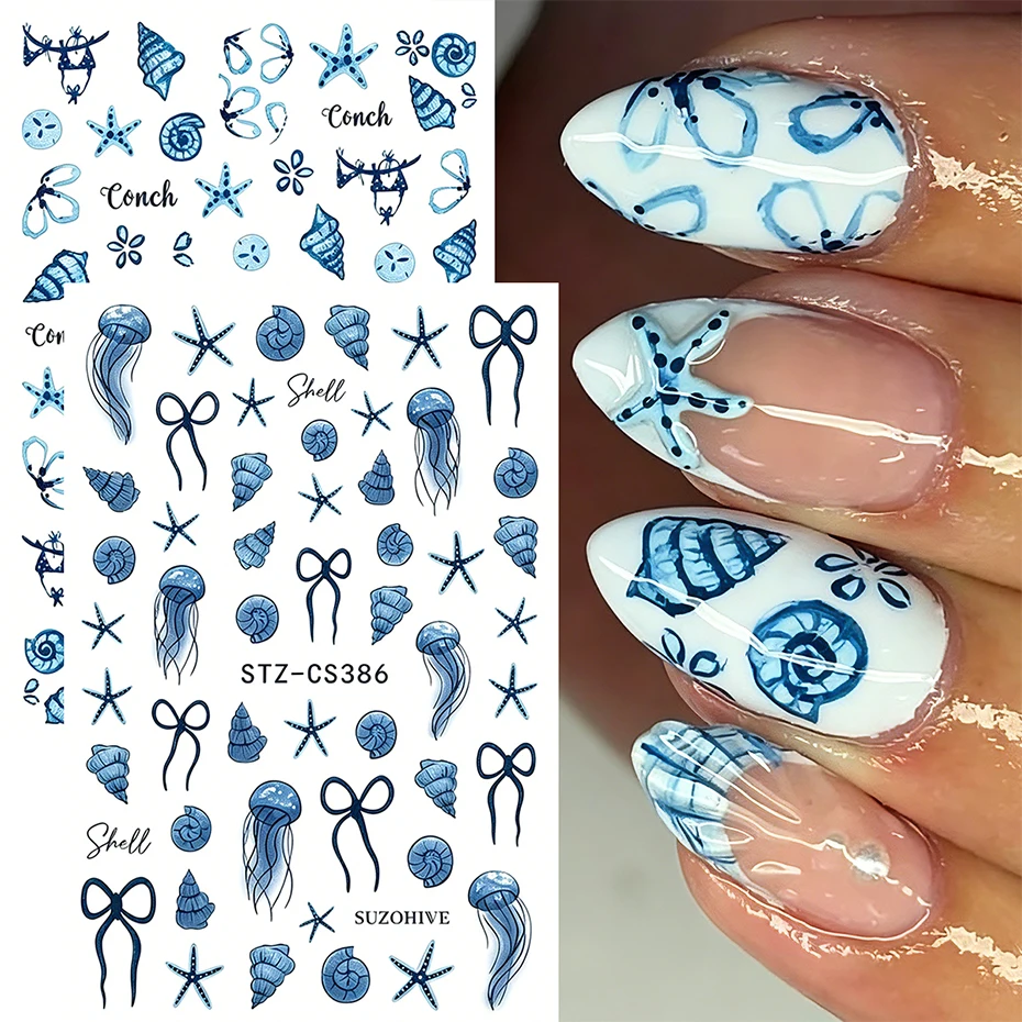 2 Stück Blaue Ozean-Nagelaufkleber Quallen Seesterne Muscheln Schleifen Sommer Strand Nagelkunst-Zubehör Maniküre-Dekorationen