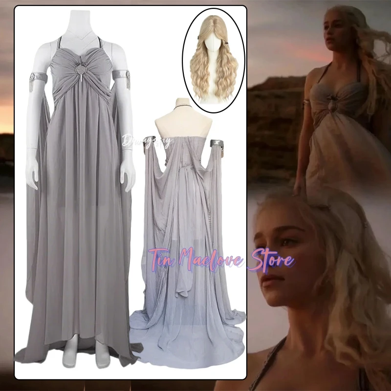

Queen DANIELIS Costume Cosplay Women's Medieval Queen Grey Long Train Dress Pleat Elegant Off Shoulder Evening Dresses Disguise