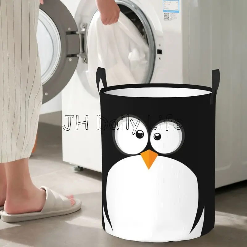 Cute Penguins Round Laundry Hamper Large Storage Basket Toys Clothes Organizer Bin for Home Bathroom Bedroom Dorm Nursery Decor