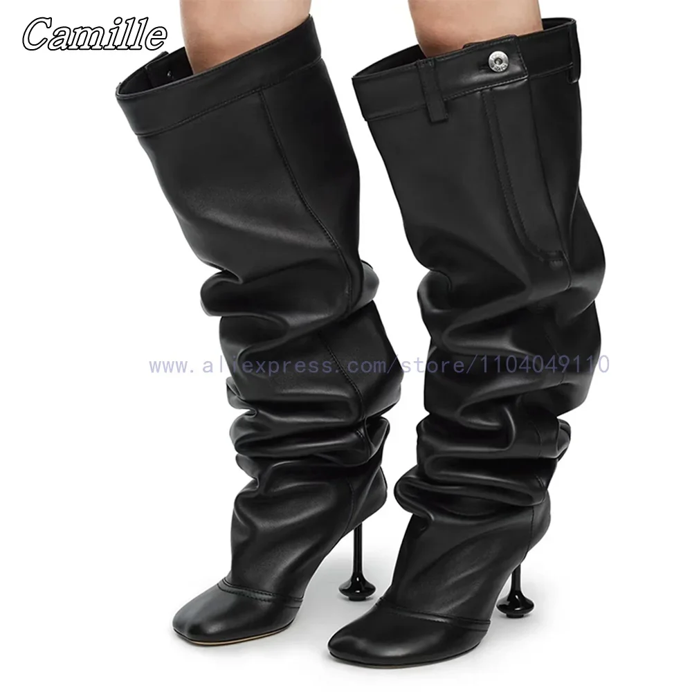 

Solid Pleated Slip On Knee High Modren Boots Autumn New Fashion Trouser Boots Pointed Toe Sexy Women Casual High Heel Boots