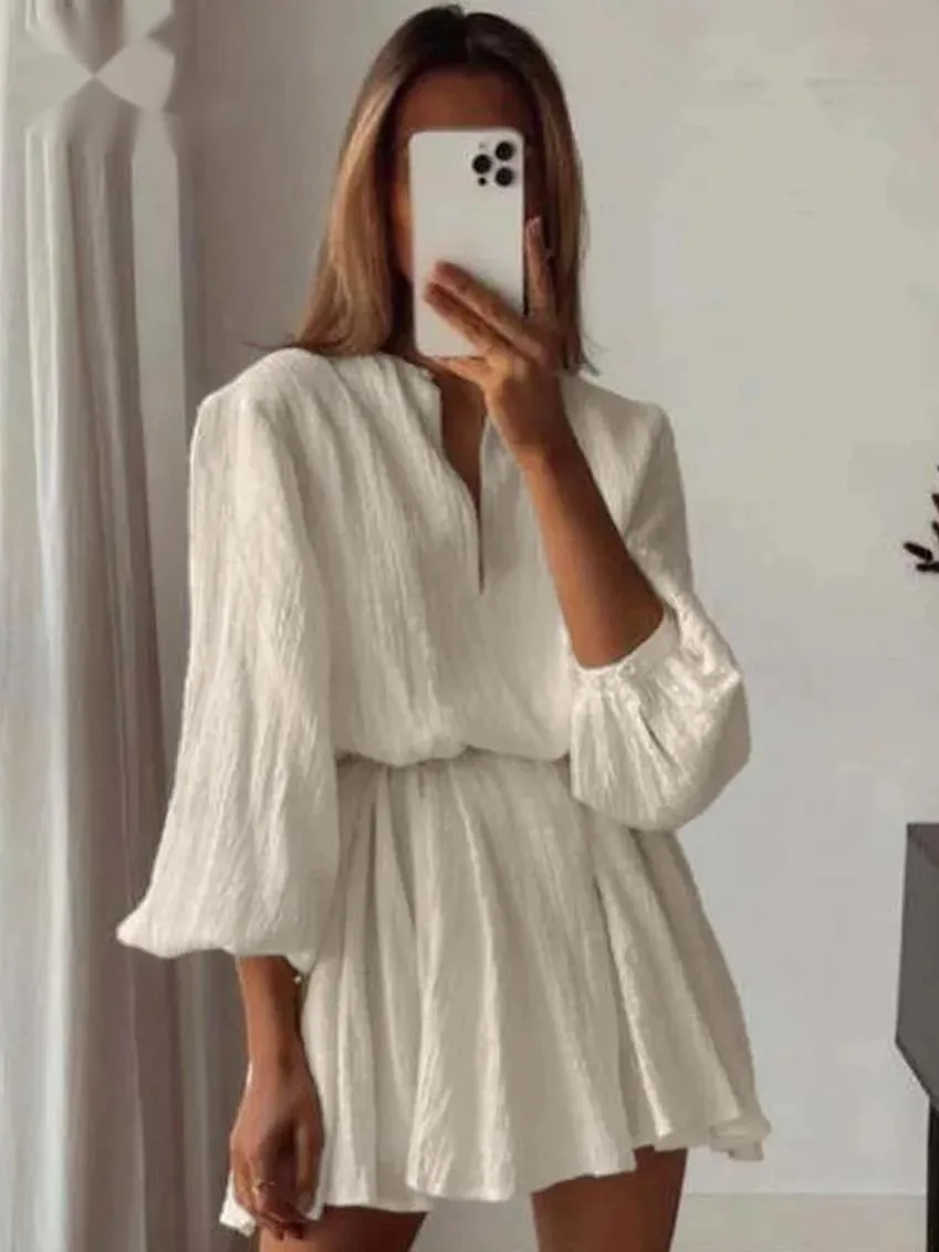 Elegante bege algodão das mulheres vestidos moda com decote em v manga longa rendas vestidos casuais solto plissado mini vestido streetwear rq24