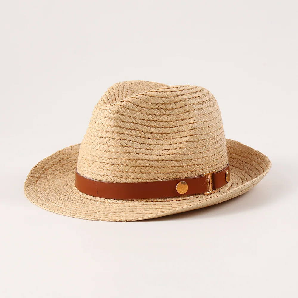 spring-summer-woven-rolled-brim-fedora-hat-leather-belt-couple-jazz-cap-casual-unisex