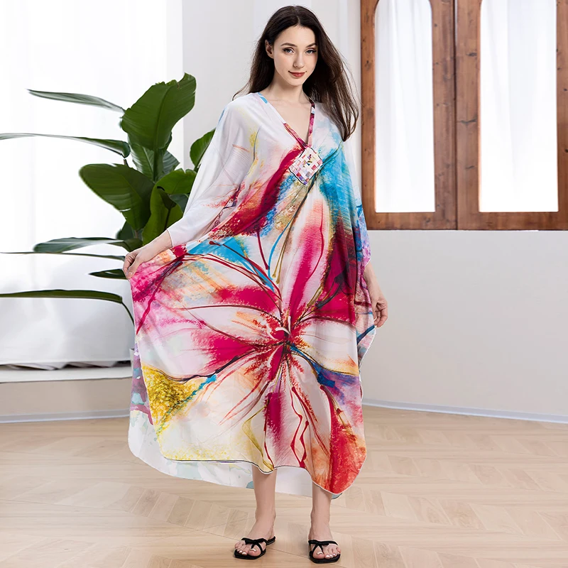 Robe Maxi à Fleurs Abstraites pour Femme, Tenue de Style Boho Artistique, Longue et Colorée, Caftan avec Interconnexion Florale