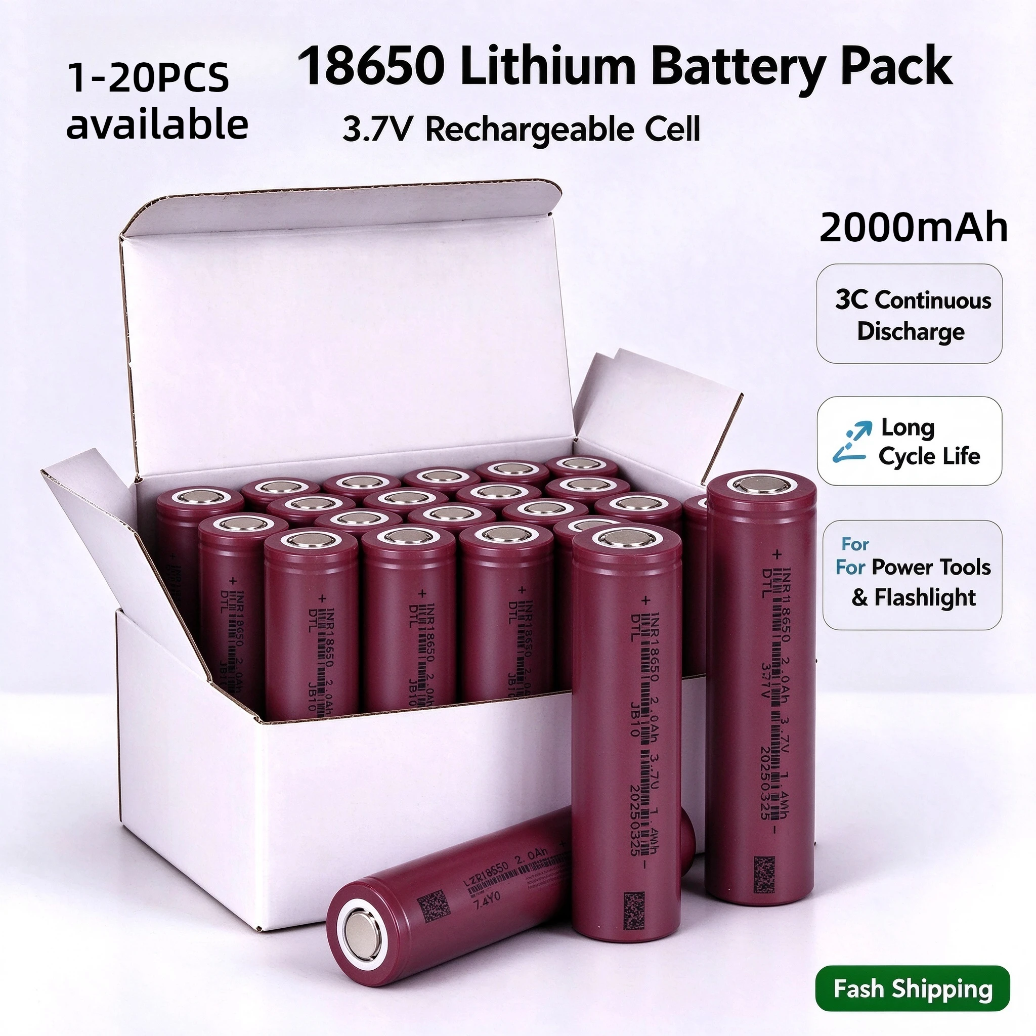 INR18650 2000mAh Rechargeable Li-ion Battery 3.7V High Capacity A Grade Cell for Flashlights Power Tools Christmas String Lights