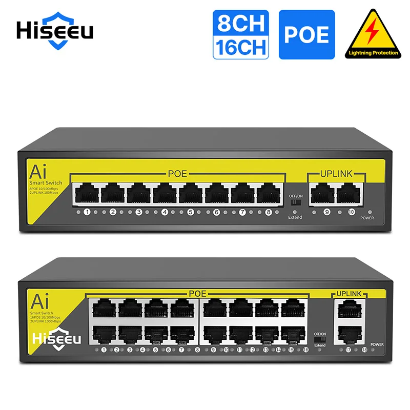 Hiseeu 48V 8/16CH POE Ports Switch Ethernet 10/100Mbps IEEE 802.3 af/at for IP Camera/CCTV Security Camera System/Wireless APft