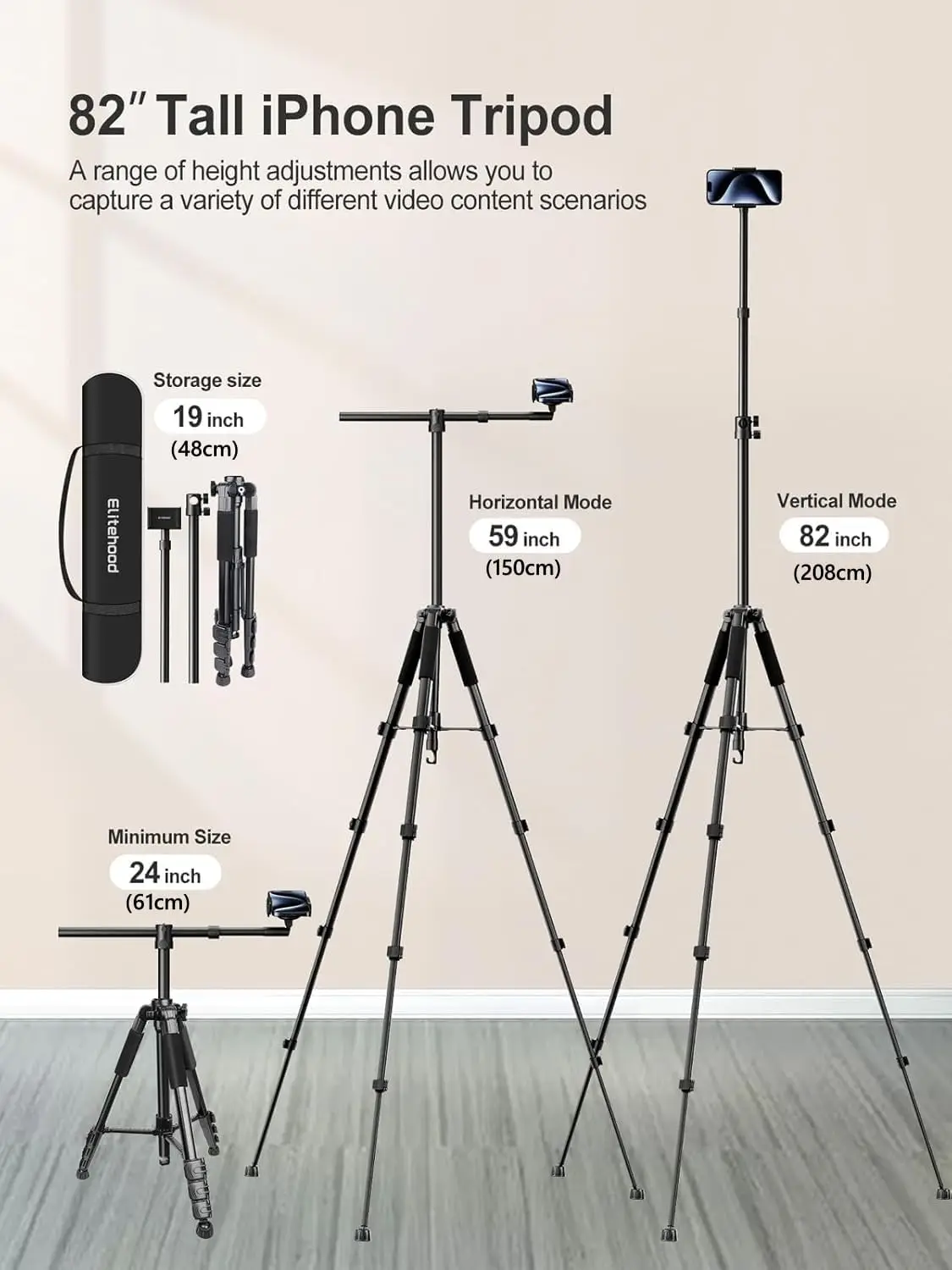 Adjustable Phone Tripod for Overhead Video Recording, 59-inch Horizontal Stand with Extendable Arm and 360° Rotation