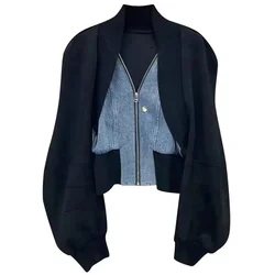 Design Sense Niche Black Denim Stitching Long-Sleeved Short Coat Women's Spring And Autumn Spice Girl Fake Two Cardigan Tops