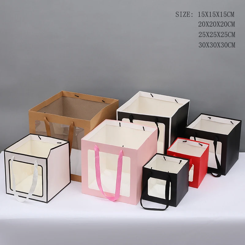 

5pcs Square Gift Bags With Transparent Window Gifts Flower Cake Packaging Bag For Wedding Birthday Home Party Shopping Paper Bag