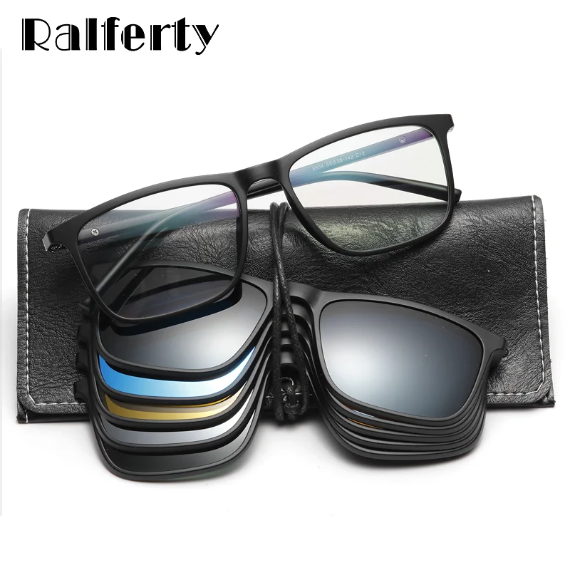 Ralferty Magnetic Sunglasses Men 5 In 1 Polarized Clip On Sunglass Women Square Sunglases Ultra-Light Night Vision Glasses A8804
