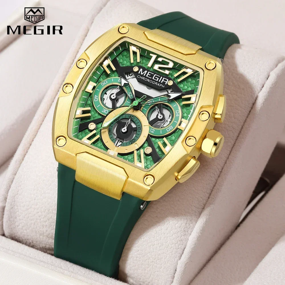 MEGIR Luxury Chronograph Watches for Men Automatic Date Sports Silicone Quartz Waterproof Tonneau Dial Fashion Male Wrist Watch