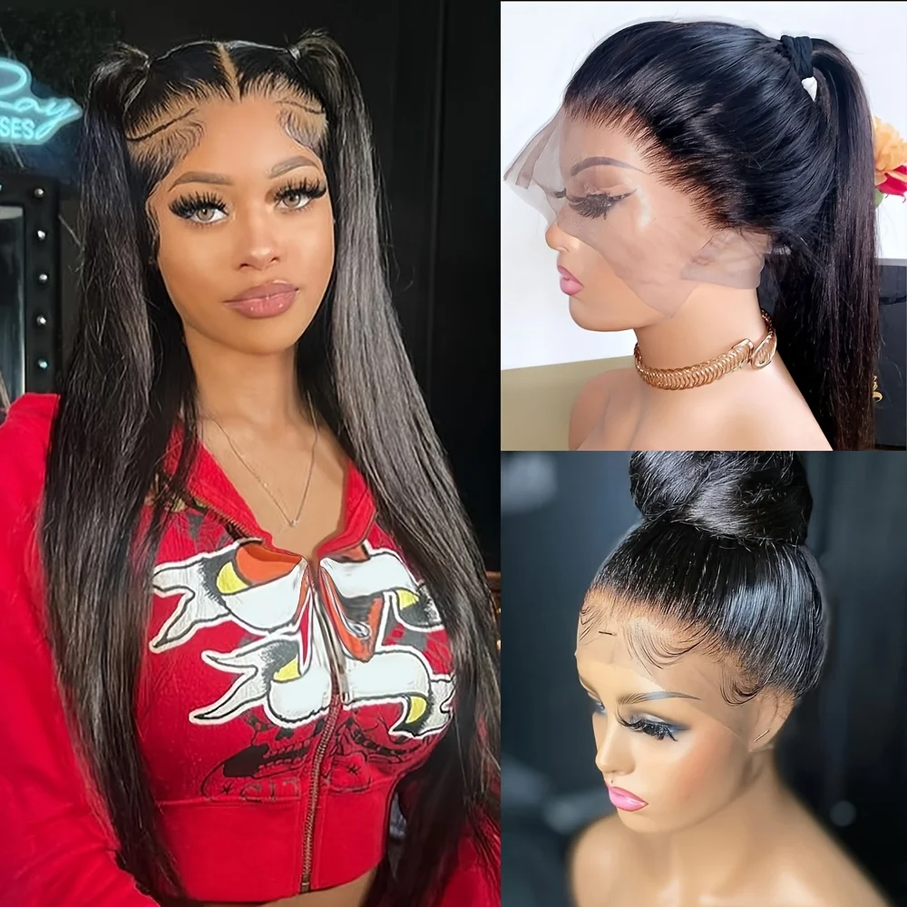 Luxuoso longo em linha reta 100% cabelo humano virgem brasileiro 360 peruca frontal do laço completo pré arrancado natural peruca de cabelo humano