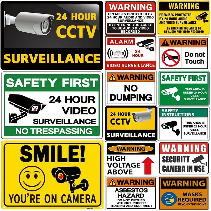 1Pc 24-hour retro metal logo video surveillance safety warning sign decoration hotel art decoration painting aluminum